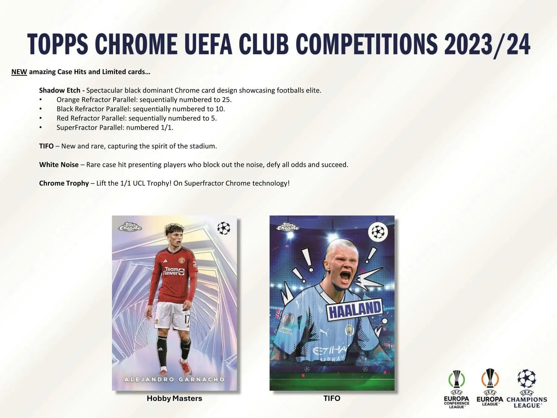 Product information for Topps Chrome UEFA Club Competitions 2023/24 trading cards with refractor parallels