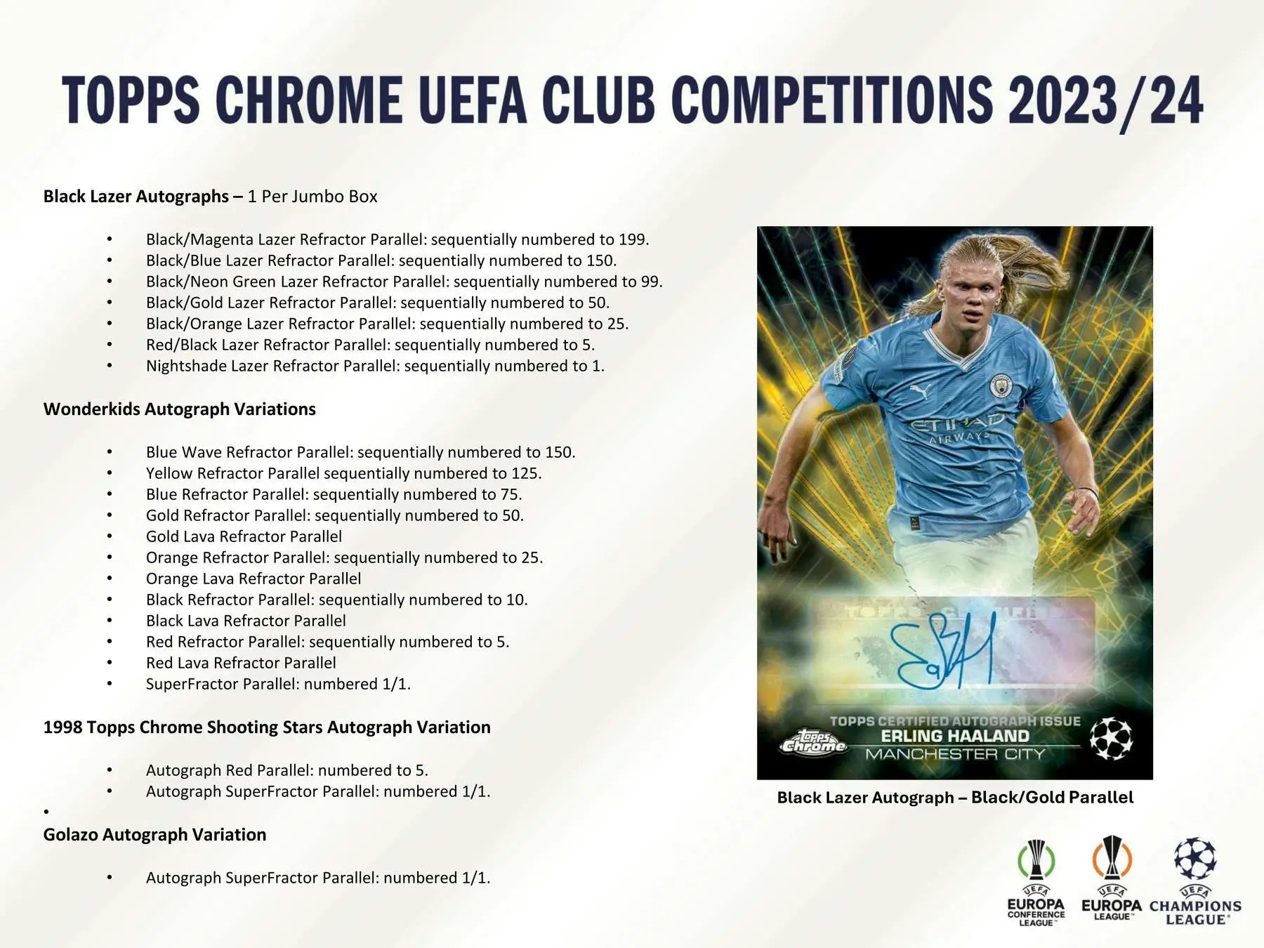 Topps Chrome UEFA Club Competitions 2023/24 product sheet featuring autograph variations