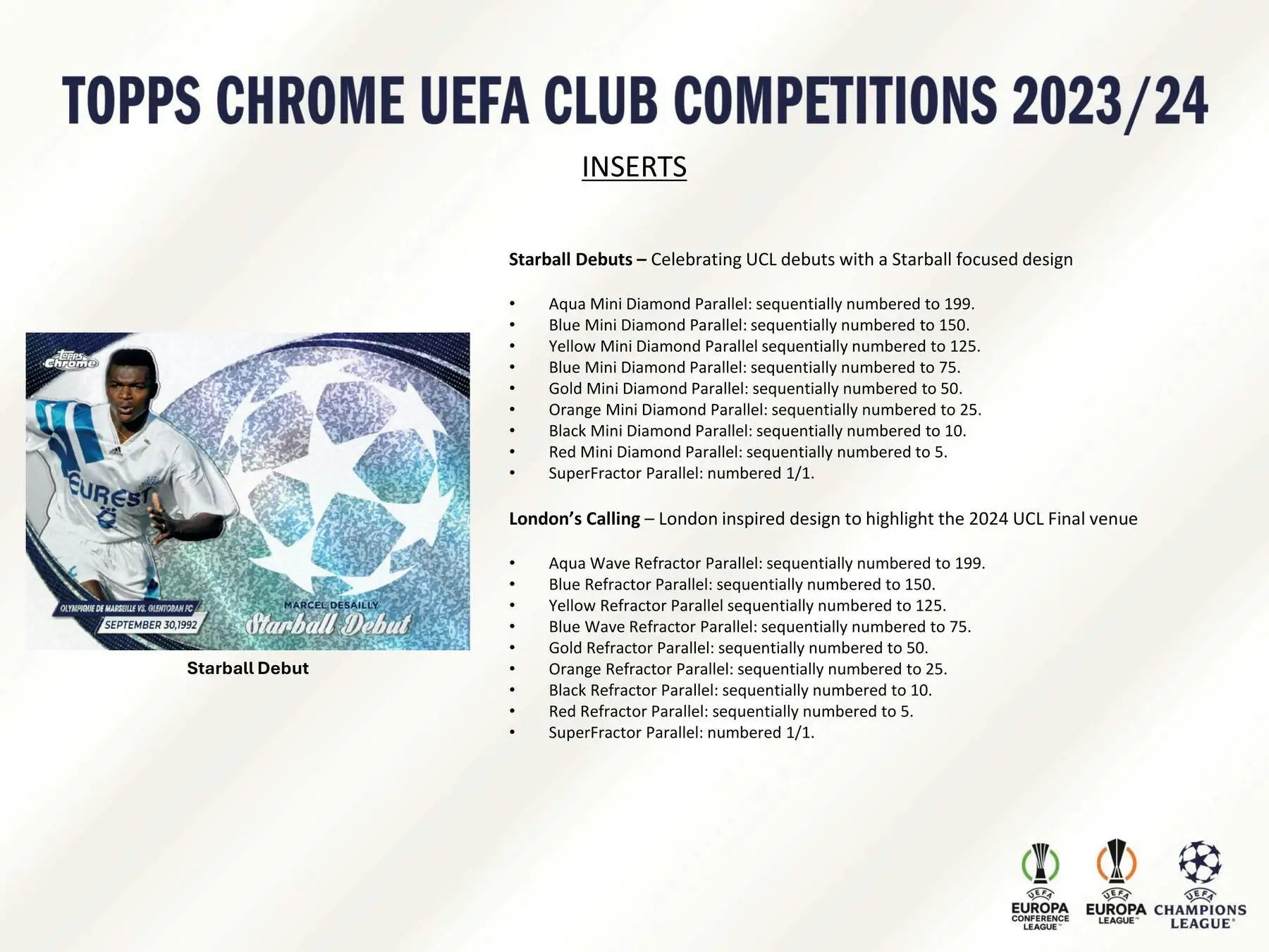 Topps Chrome UEFA Club Competitions 2023/24 product sheet featuring refractor parallel details