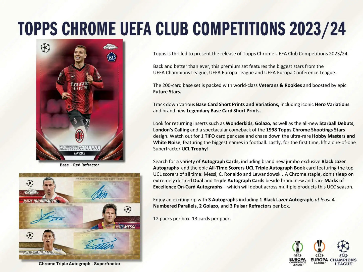 Trading card ad for 2023-24 Topps Chrome UEFA with AC Milan player and refractor parallels