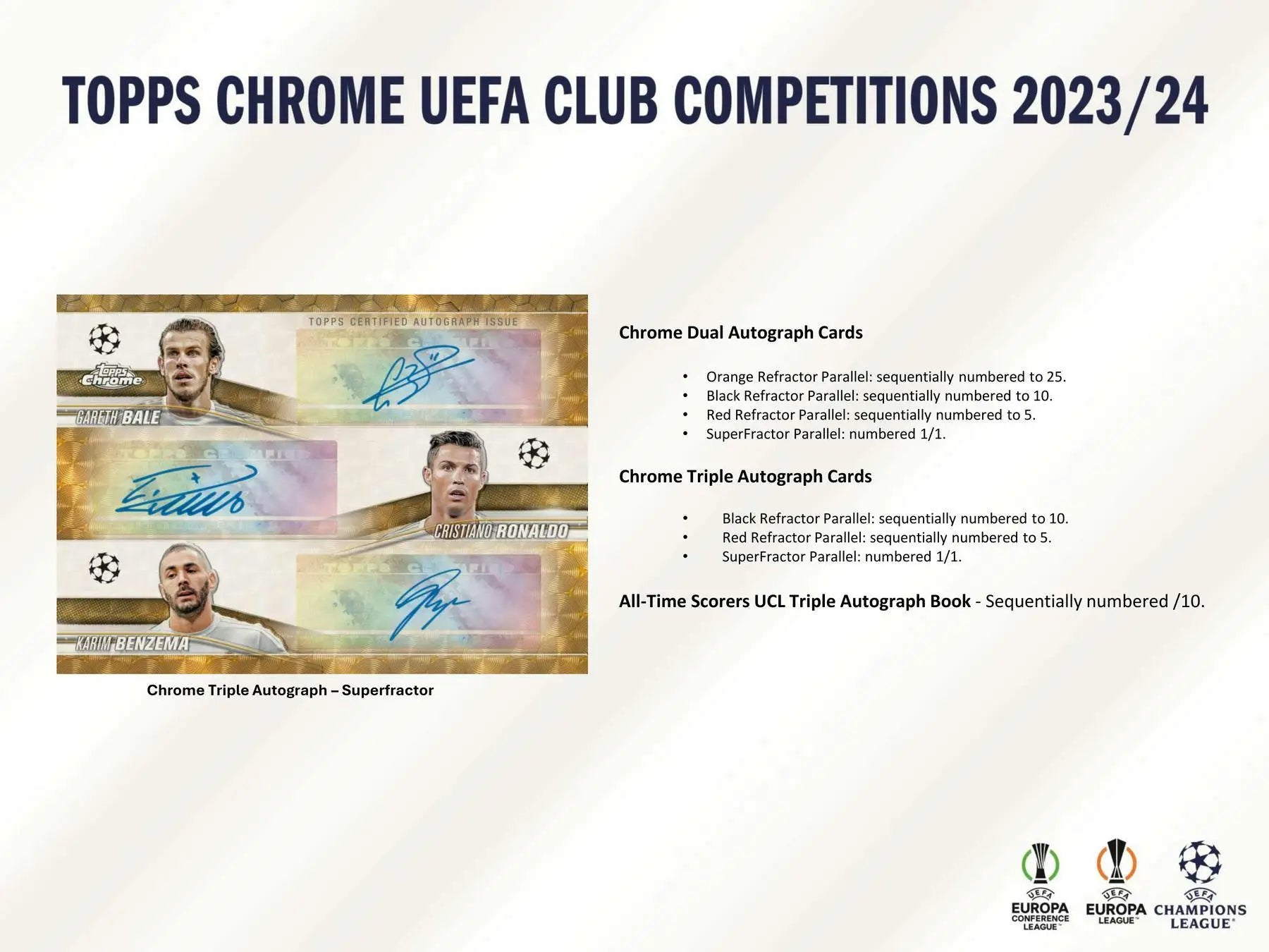 Topps Chrome UEFA Club Competitions 2023/24 trading card ad featuring sequentially numbered autograph cards