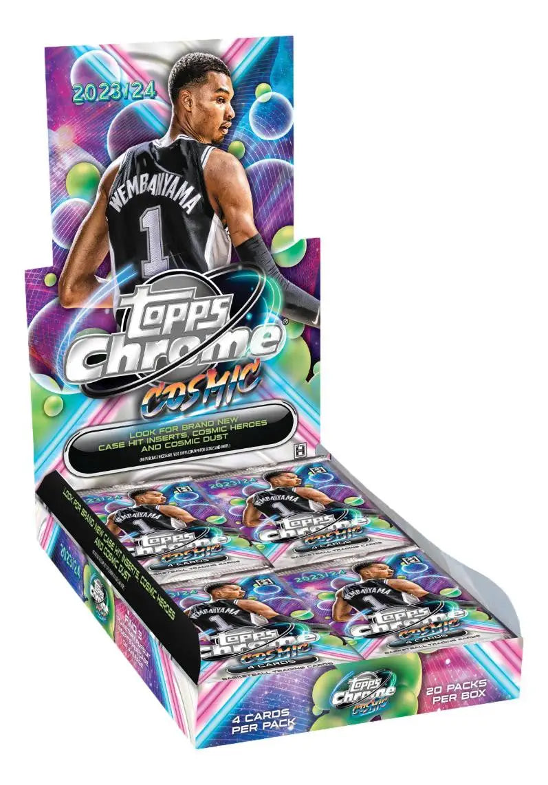 Display box of 2023-24 Topps Cosmic Chrome Basketball cards with colorful bubble design