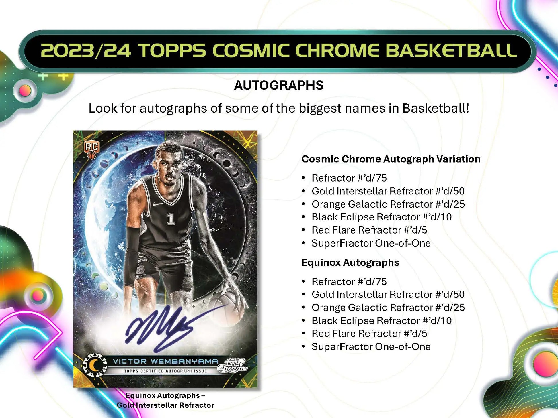 Basketball trading card ad featuring autograph variations and refractor options from Cosmic Chrome