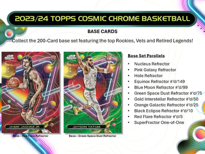 2023-24 Topps Cosmic Chrome Basketball promotional ad featuring parallel card variations