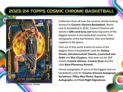 Product advertisement card for 2023-24 Topps Cosmic Chrome Basketball Hobby Pack