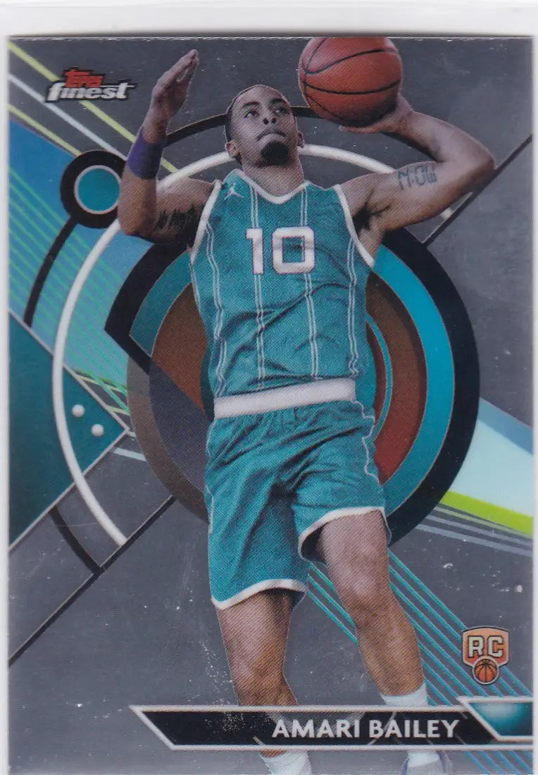 Basketball trading card of Amari Bailey in teal uniform for Topps Finest Charlotte Hornets