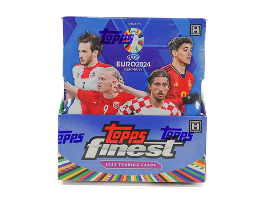 Topps Finest UEFA Euro 2024 Hobby Box featuring refractor parallels and players in red jerseys