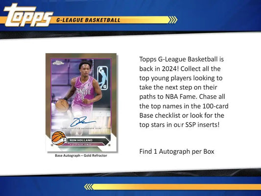 Basketball trading card of player in pink jersey with autograph for G-League collection