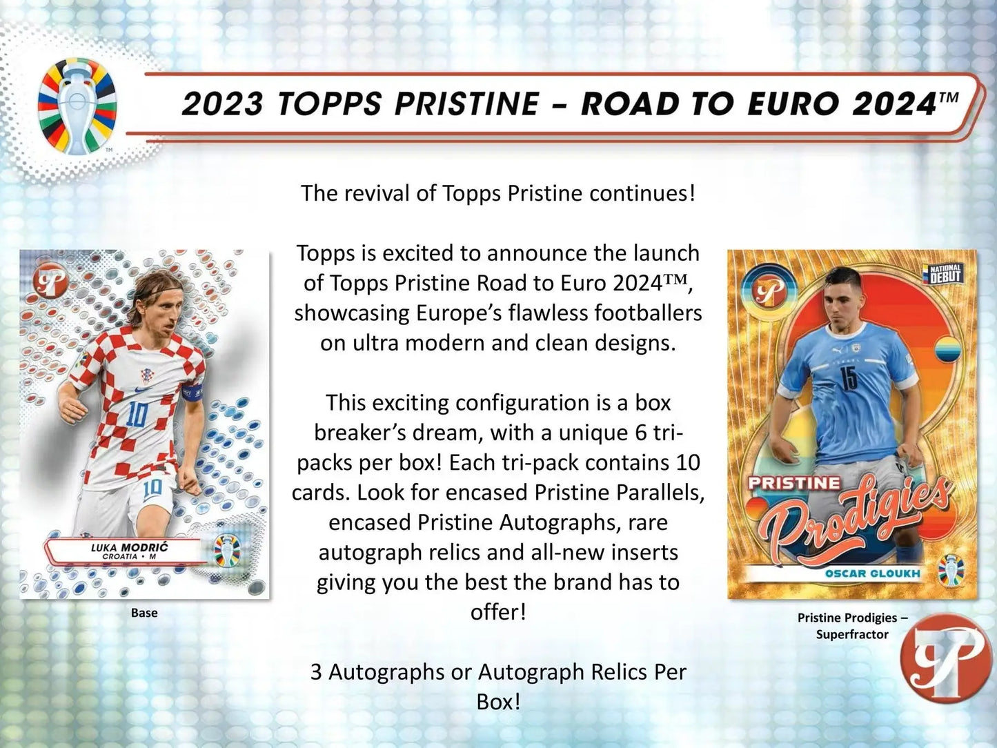 Product advertisement card for Topps Pristine Road to Euro 2024 soccer trading cards