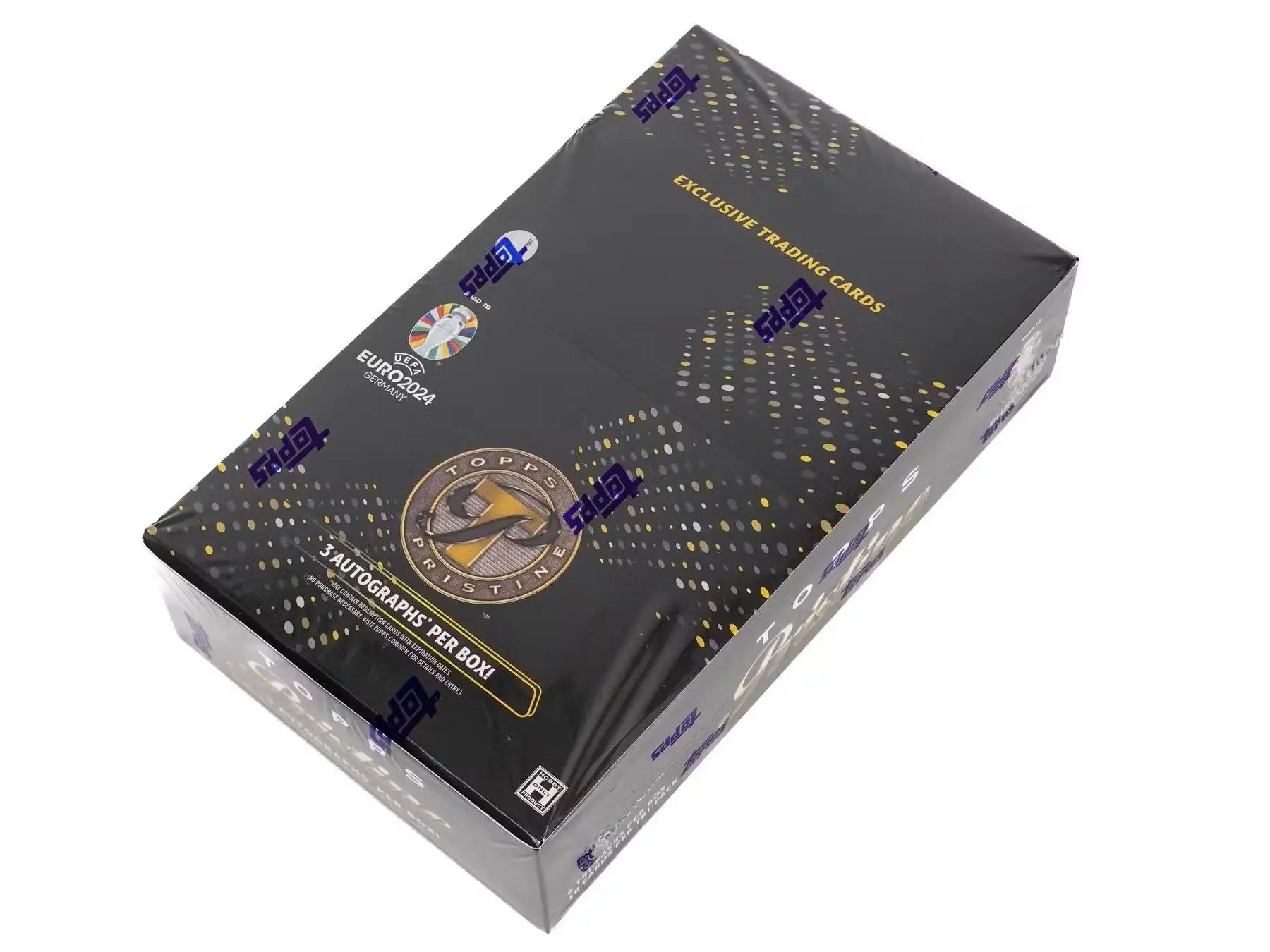 Black box featuring holographic UEFA Champions League logos for soccer hobby box collectors