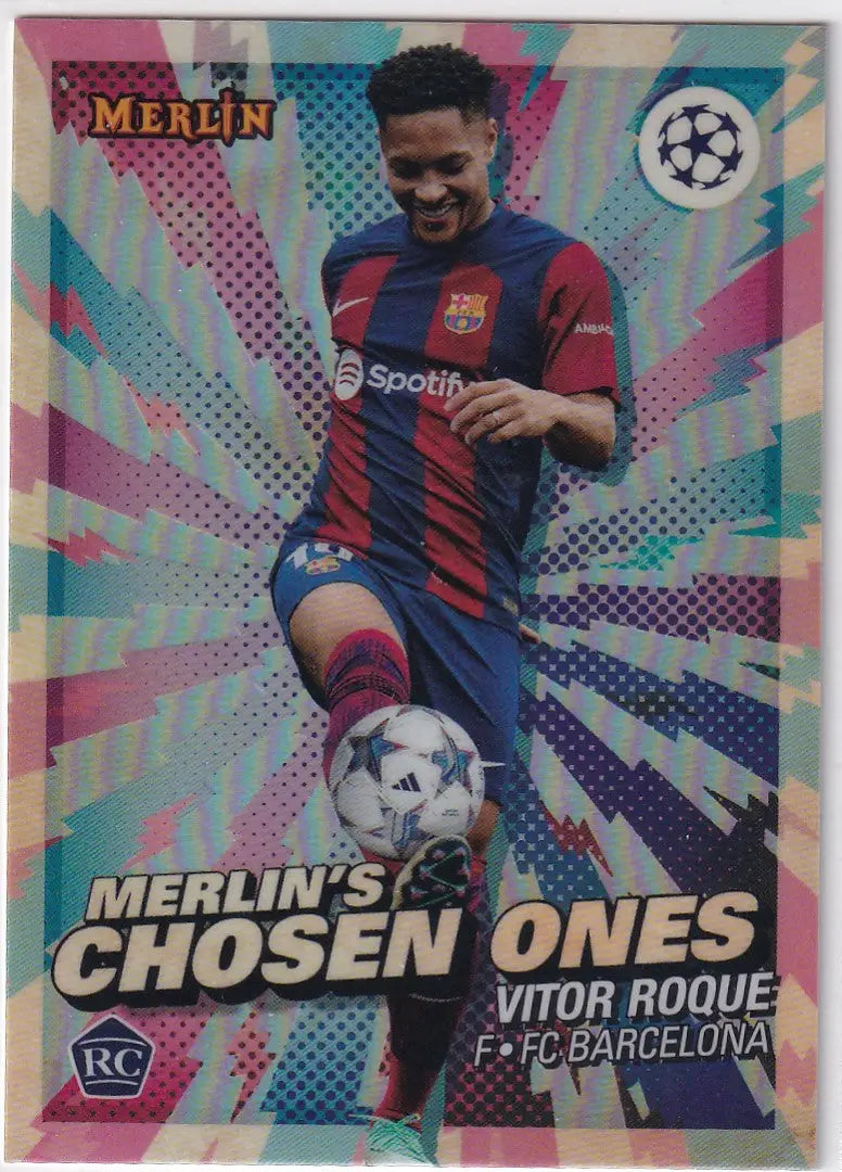 Soccer trading card of Vitor Roque in Barcelona jersey from Topps UCC Merlin Chrome