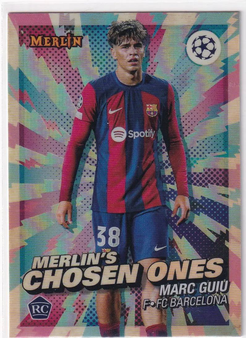 Shiny Topps UCC Merlin Chrome card of Marc Guiu in FC Barcelona jersey