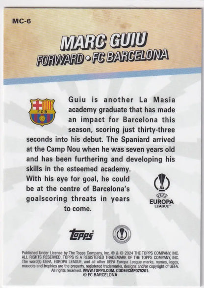 Trading card of Marc Guiu from Topps UCC Merlin Chrome Chosen Ones FC Barcelona