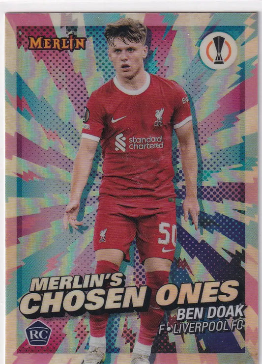 Colorful Topps UCC Merlin Chrome card of Ben Doak, Liverpool FC player, number 51