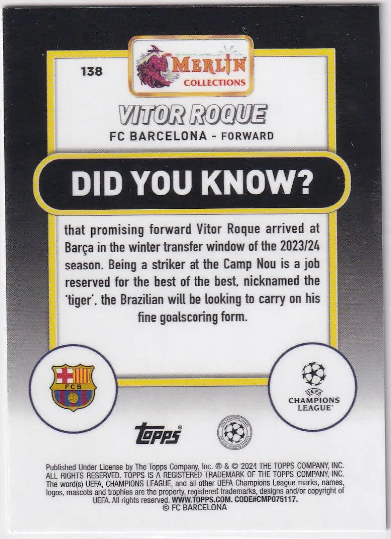 Topps UCC Merlin Chrome Green card featuring Vitor Roque and his FC Barcelona transfer facts