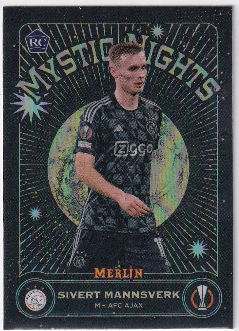 Soccer trading card of Sivert Mannsverk in dark Ajax jersey from Topps UCC Merlin Chrome