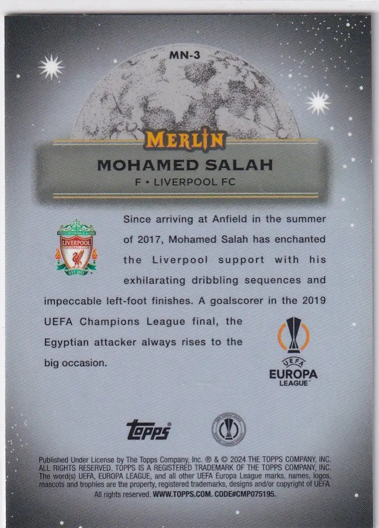 Trading card of Mohamed Salah in Topps UCC Merlin Chrome Mystic design with UEFA icons