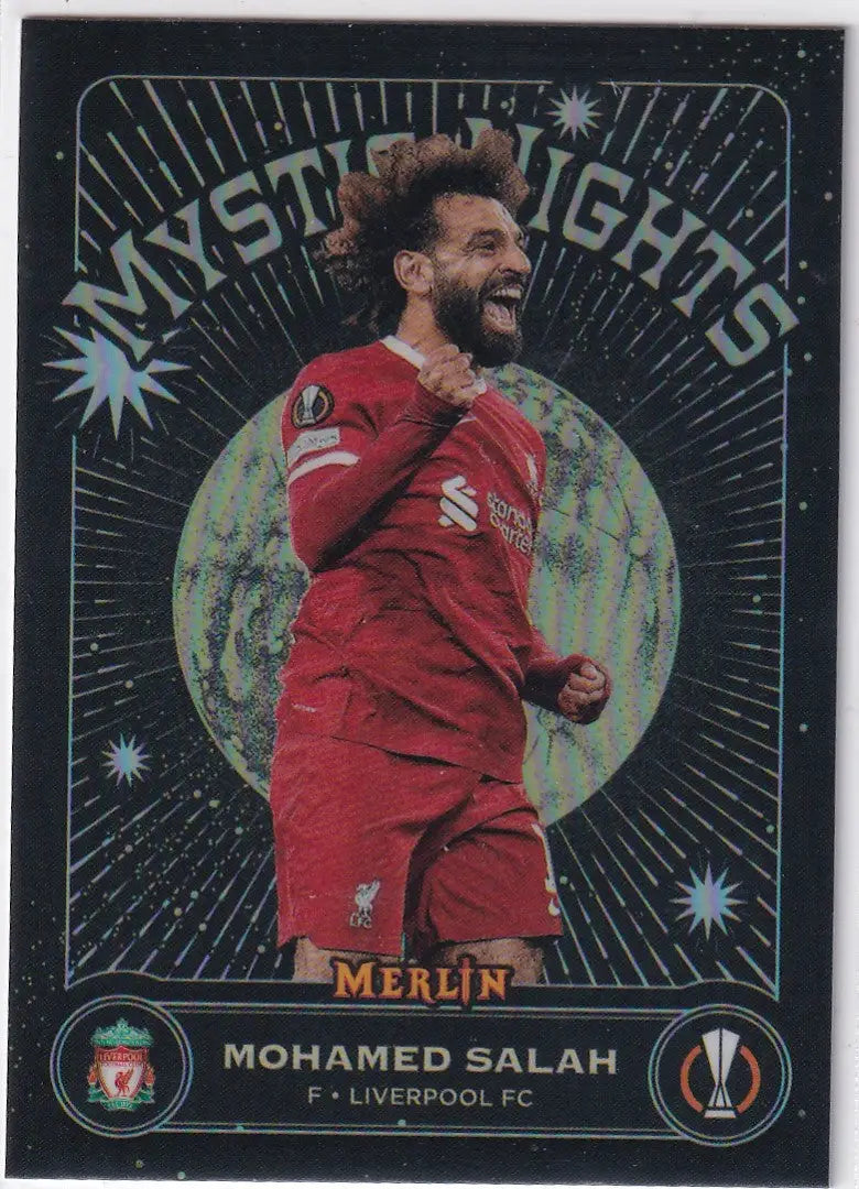 Soccer trading card of Mohamed Salah in red uniform, Topps UCC Merlin Chrome Mystic Nights