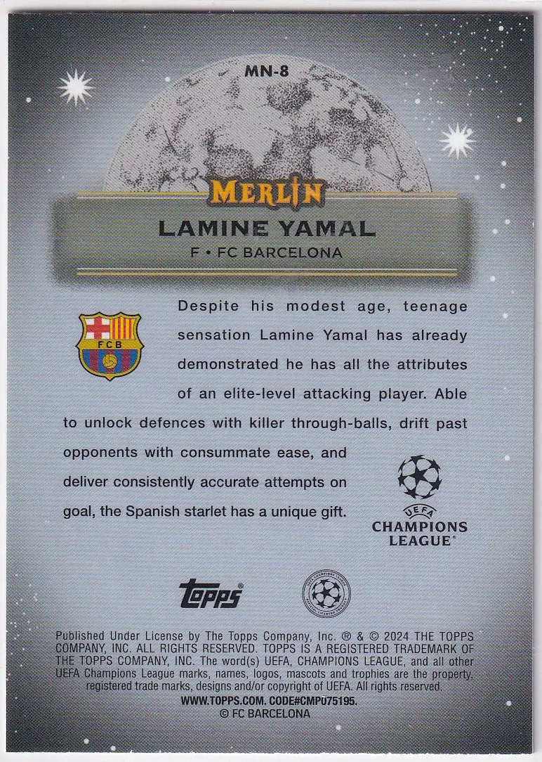 Trading card of Lamine Yamal from Topps UCC Merlin Chrome Mystic Nights collection