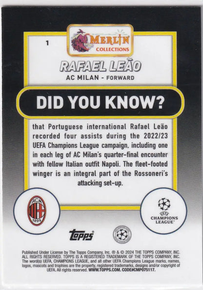 Topps UCC Merlin Chrome Neon Green card featuring Rafael Leão UEFA Champions League facts