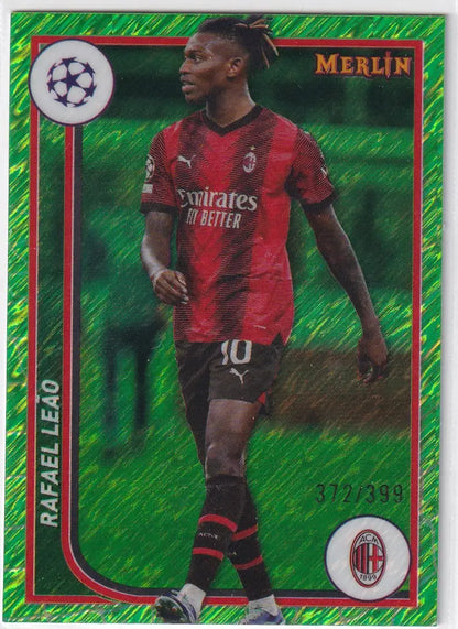 Green holographic Topps UCC Merlin Chrome card of Rafael Leão in AC Milan jersey