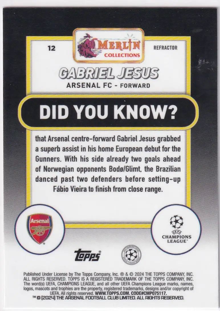 Trading card of Gabriel Jesus with a Did You Know fact from Topps UCC Merlin Chrome