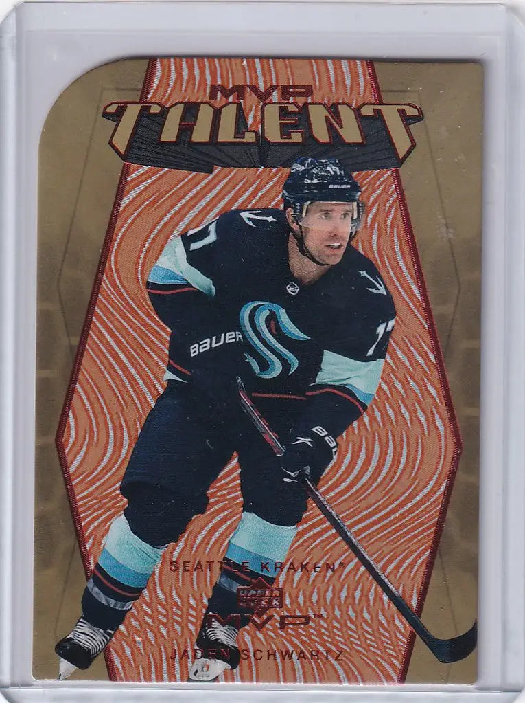 Hockey trading card of Jaden Schwartz from Seattle Kraken, Upper Deck 20th Anniversary Diecut