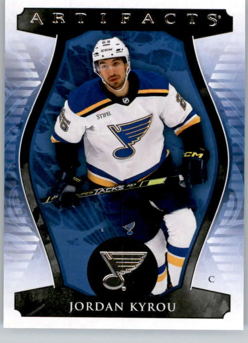 Hockey trading card of Jordan Kyrou in St. Louis Blues jersey from Upper Deck Artifacts