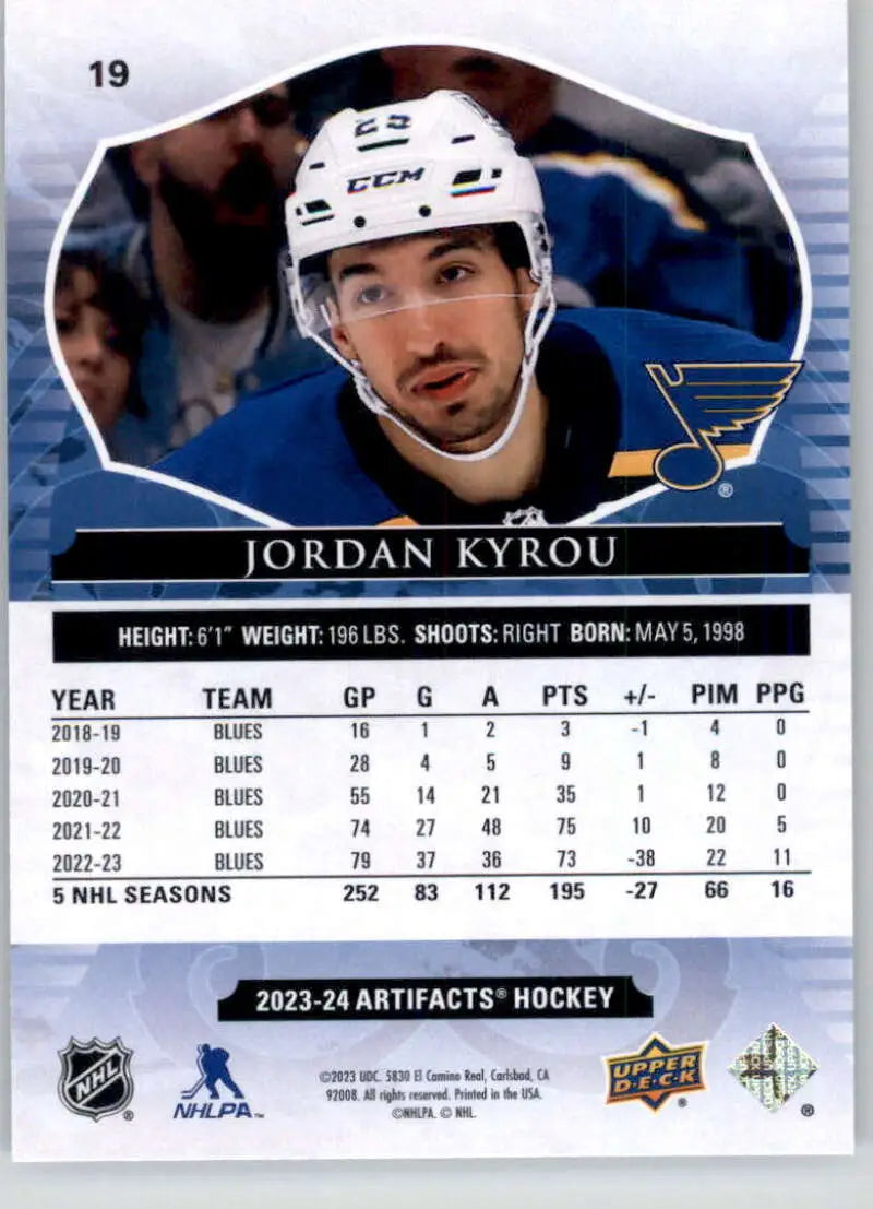 Jordan Kyrou St. Louis Blues player card from Upper Deck Artifacts 2023-24 collection