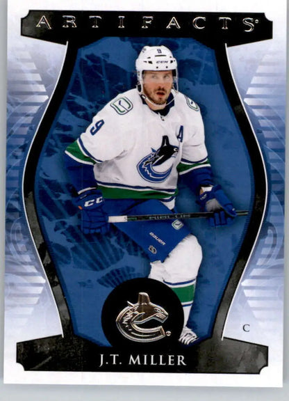 Hockey card of J.T. Miller in white jersey, Vancouver Canucks, Upper Deck Artifacts