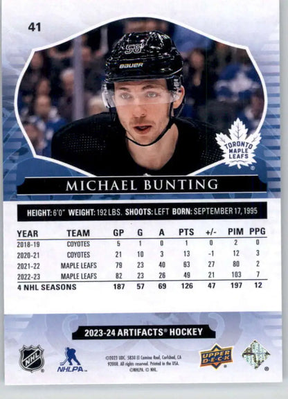 Michael Bunting Toronto Maple Leafs hockey card showcasing stats and biography