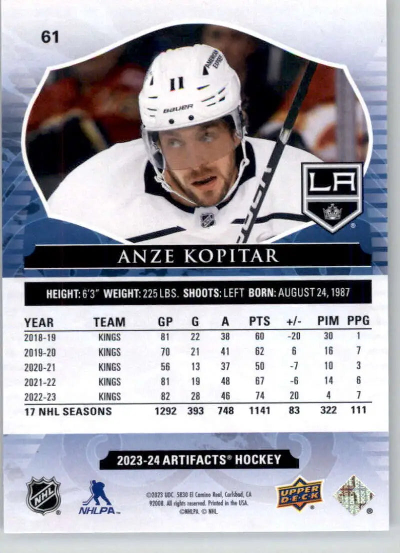 Hockey trading card of Anze Kopitar with career stats from Upper Deck Artifacts, Los Angeles Kings