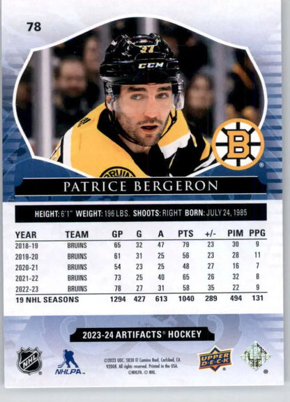 Hockey card of Patrice Bergeron in yellow jersey 78 for Boston Bruins Upper Deck Artifacts