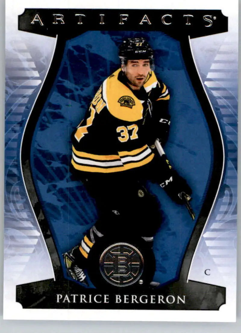 Hockey trading card of Patrice Bergeron in Boston Bruins uniform from Upper Deck Artifacts