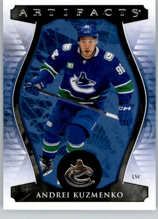 Hockey trading card of Andrei Kuzmenko in Vancouver Canucks uniform from Upper Deck Artifacts