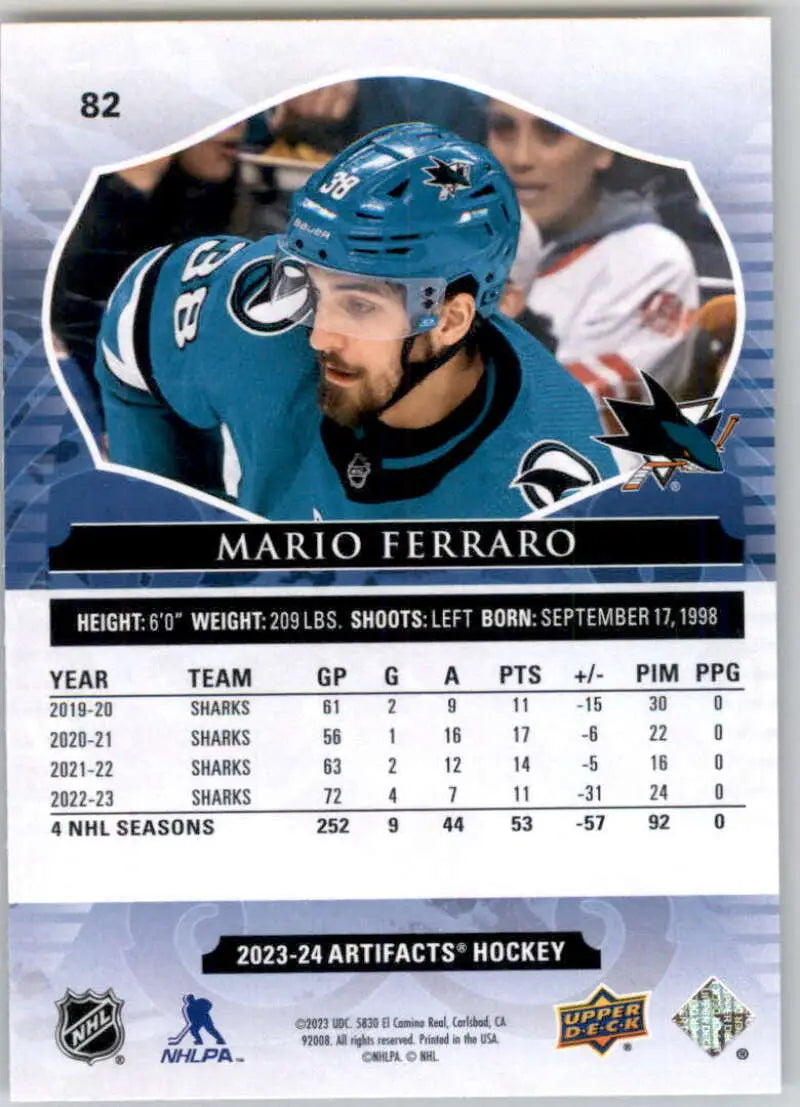 Hockey card of Mario Ferraro in teal San Jose Sharks jersey and helmet