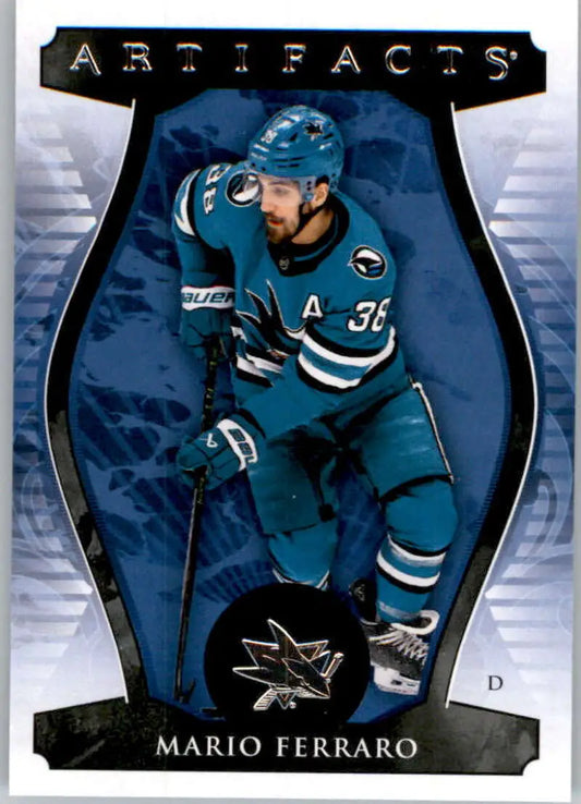 Hockey card of Mario Ferraro in teal jersey, San Jose Sharks, 2023-24 Upper Deck Artifacts