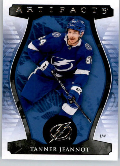 Hockey trading card of Tanner Jeannot in blue jersey for Tampa Bay Lightning fans