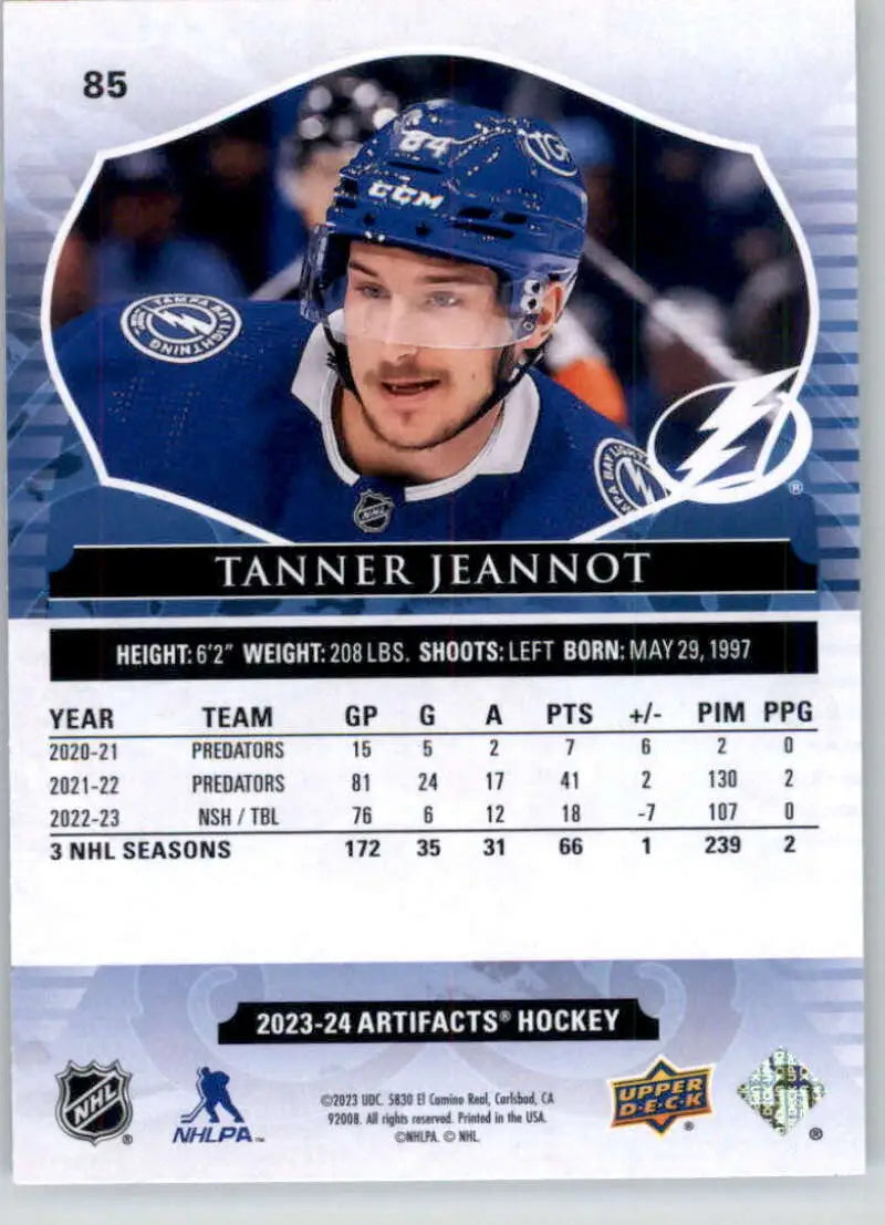 Hockey trading card of Tanner Jeannot in blue Tampa Bay Lightning jersey