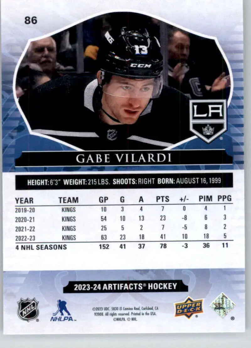 Hockey trading card of Gabe Vilardi with stats from Upper Deck Artifacts, Los Angeles Kings