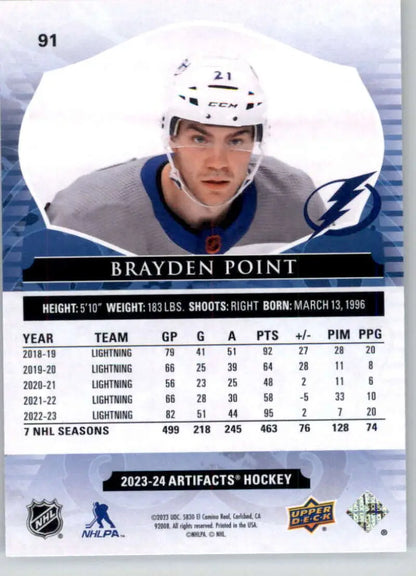 Hockey trading card of Brayden Point, #21, Tampa Bay Lightning, 2023-24 Upper Deck Artifacts