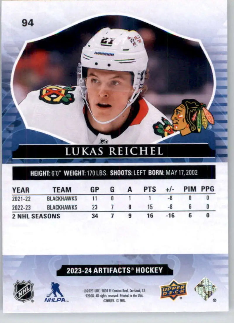 Hockey trading card of Lukas Reichel wearing jersey number 94 from Upper Deck Artifacts