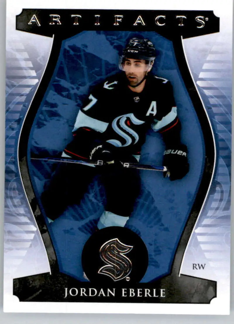 Hockey card of Jordan Eberle in dark Seattle Kraken uniform with logo