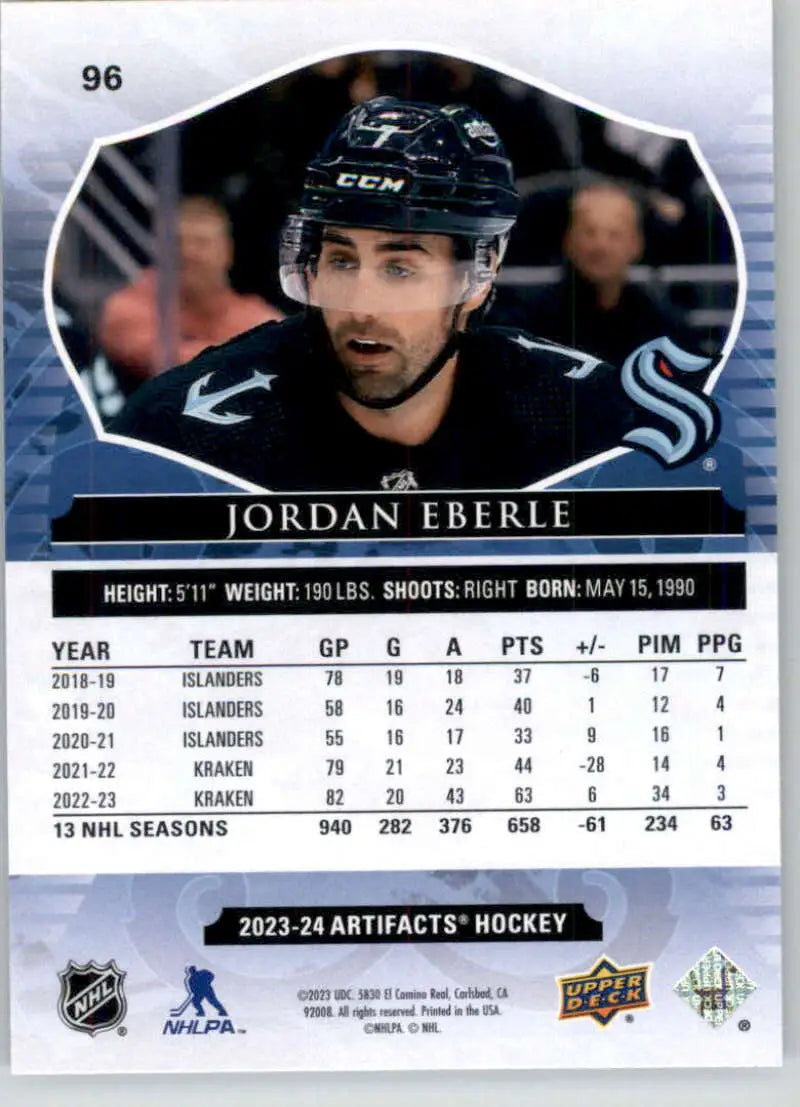 Hockey card featuring Jordan Eberle in dark jersey number 96 for Seattle Kraken