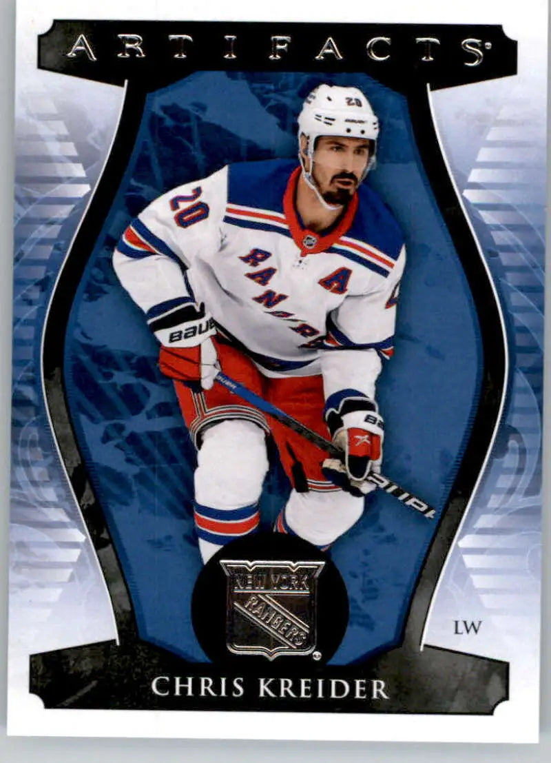 Hockey card of Chris Kreider in New York Rangers white jersey with red and blue accents