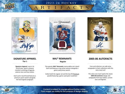 Product advertisement for 2023-24 Upper Deck Artifacts Hockey includes base set rookies