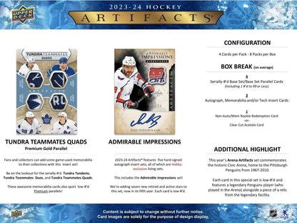 2023-24 Upper Deck Artifacts Hockey Hobby Box showcasing base set and base set rookies