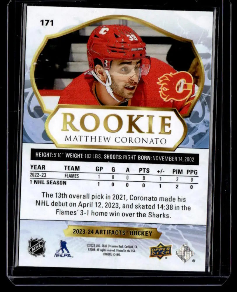 Hockey trading card of Matthew Coronato in red jersey, Upper Deck Artifacts Turquoise