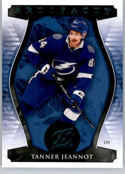 Hockey trading card of Tanner Jeannot in Tampa Bay Lightning blue jersey