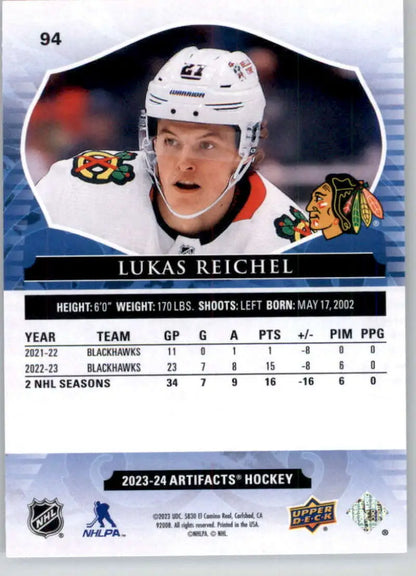 Chicago Blackhawks Lukas Reichel 2023-24 Upper Deck Artifacts Turquoise #94 Hockey Card